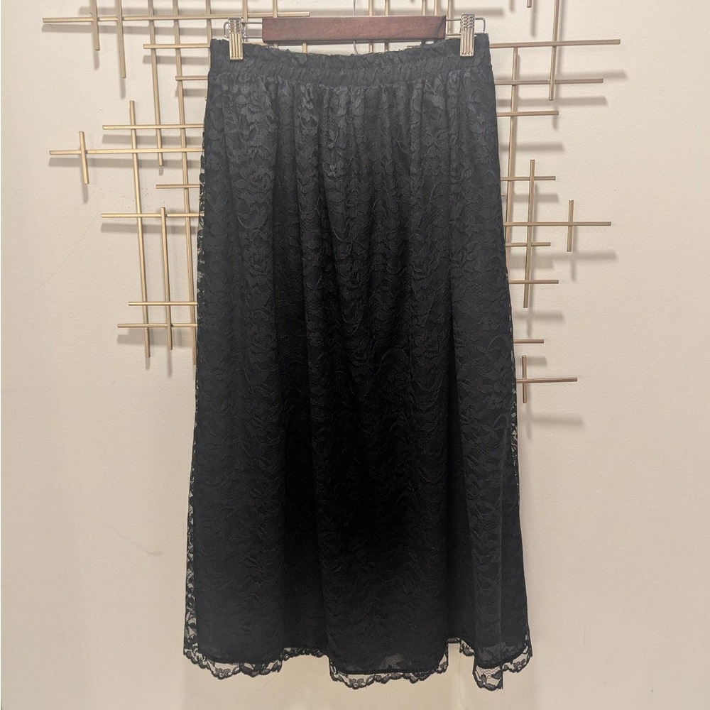 Vtg Maxi Skirt Black Lace Floral Elastic Waist Sz L Whimsigoth Dark Romantic